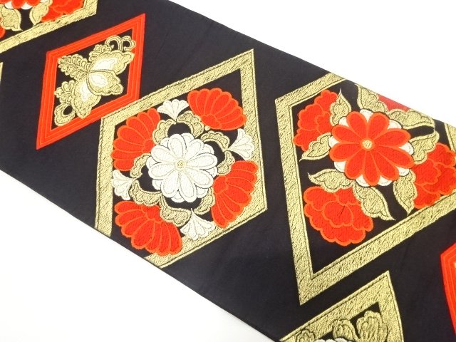 JAPANESE KIMONO / ANTIQUE FUKURO OBI / SILK / WOVEN RHOMBUS & KIKU & PAULOWNIA